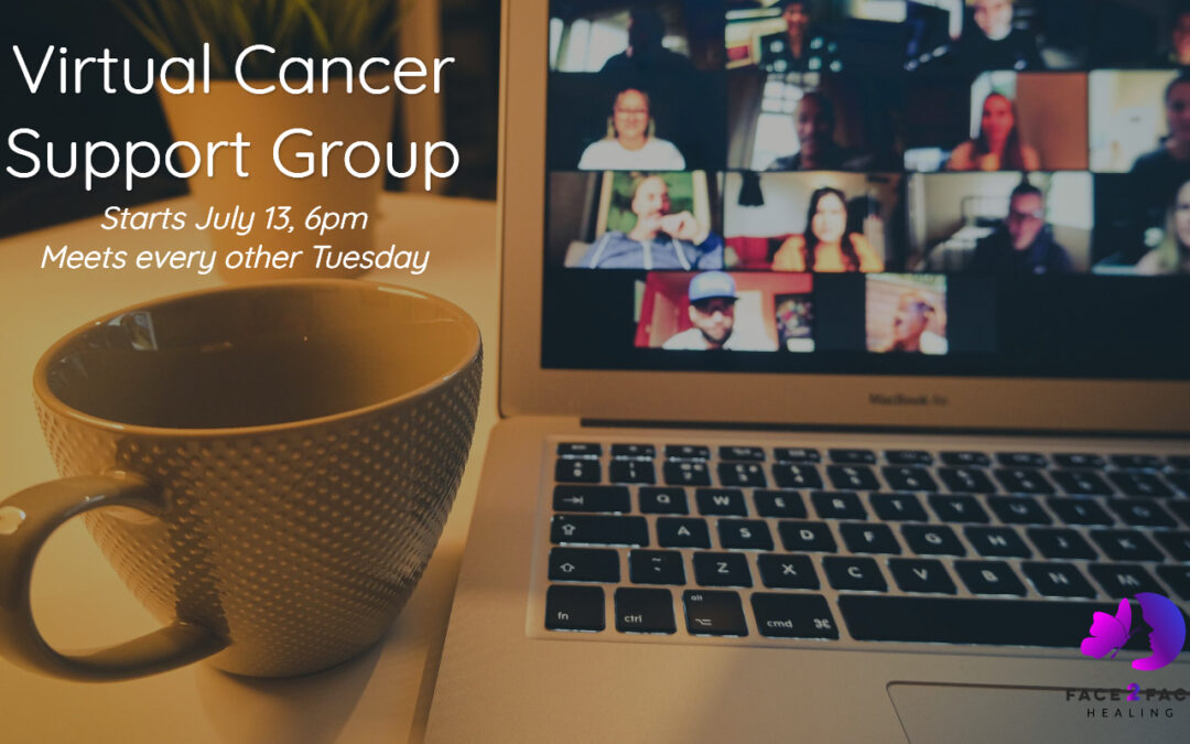 Virtual Support Group promo image with laptop and coffee